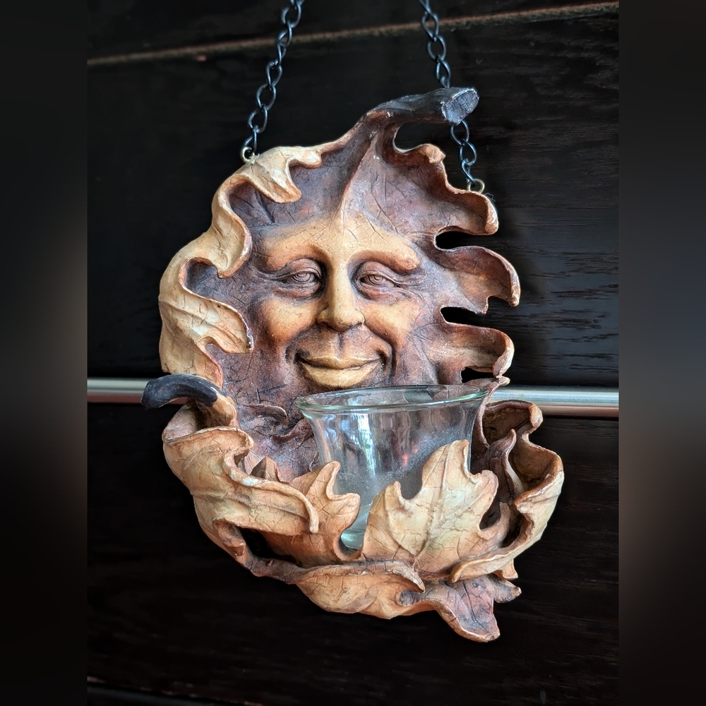 Vintage Leaf Spirit Votive Candle Holder. Hanging, Serene Forest Spirit